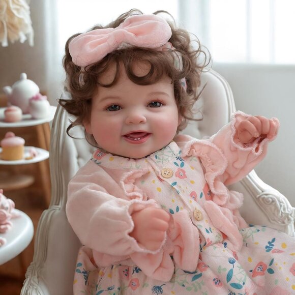 🆕17inch Soft Cloth Body Newborn Baby Poseable Limbs with Curly Brown Hair Girl - Picture 1 of 8